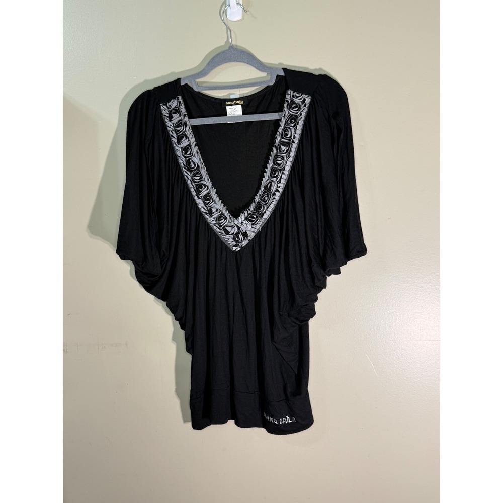 Nana Baila Paris Black Batwing Top Grey Floral Rosette Trim Made in France Sz 4